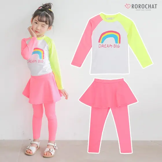 ROROCHAT Maiô Térmico Feminino Fluorescente De Manga Comprida , Duas Peças , Conjunto 2P , 3-9 Anos , Vestido Infantil , Menina , Estampa Arco-Íris , Proteção Contra Arranhões , Criança