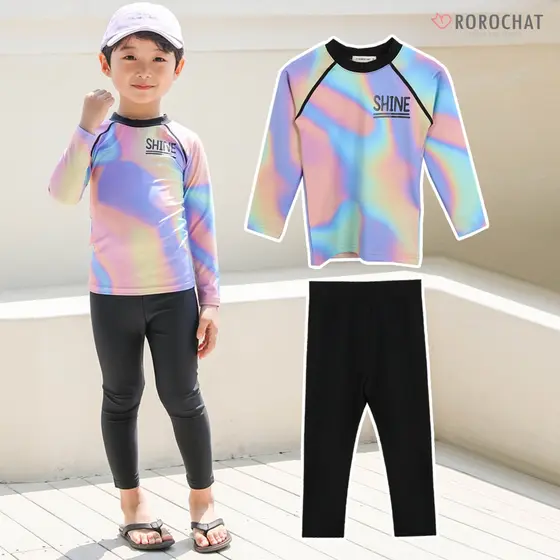 K-fashion ROROCHAT Maiôs Térmicos Para Bebês , Trajes De Mergulho Infantis De Manga Comprida Meninos Banho Com Proteção Solar , Roupa De Aurora Color Rash Guard Leggings 2p Set