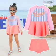 ROROCHAT Maiô Feminino Com Estampa De Listras Laranja , Manga Comprida , Duas Peças , Conjunto 2P , Vestido De 3 A 9 Anos , Estampado , De Protetor Solar