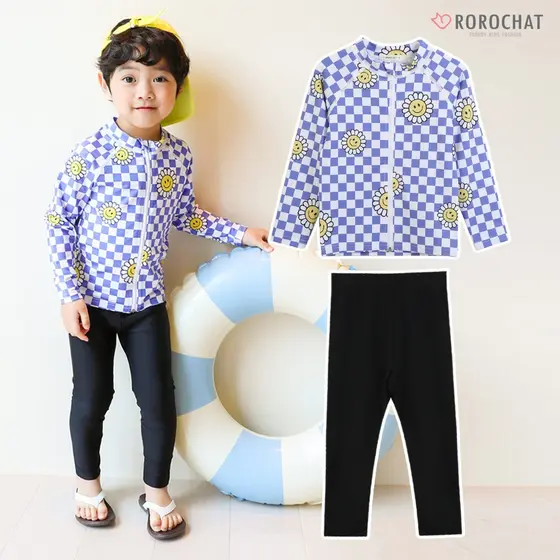 ROROCHT Maiôs Térmicos Infantis Fatos De Mergulho De Manga Comprida Para Bebês Meninos Padrão De Tabuleiro De Xadrez Banho Com Proteção Solar Lindo Girassol Rash Guard Leggings Conjunto 2p