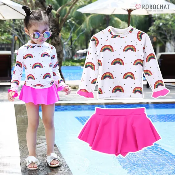 ROROCHAT Maiô Feminino Com Estampa De Arco-Íris , Manga Comprida , Duas Peças , Babado , 3-9 Anos , Traje De Banho Para Meninas Tecido Protetor Solar UPF50 +