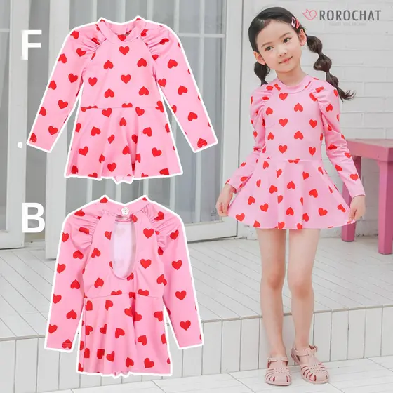 K-FASHION ROROCHAT Maiô Feminino Com Padrão De Coração Vestido Rosa 3-9 Anos Rashguard De Piscina Menina Estilo Princesa Material Protetor Solar UPF50 +