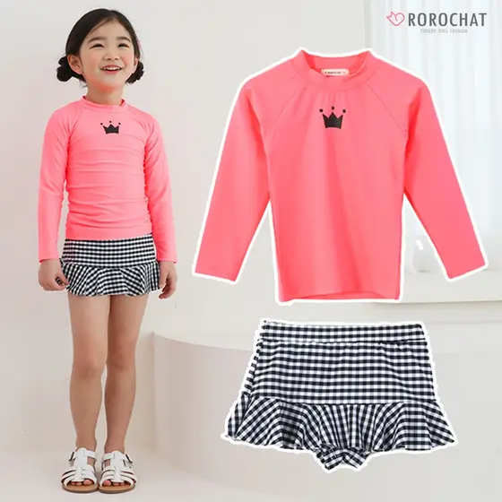 ROROCHAT Maiô Feminino Rosa De Manga Comprida , Duas Peças , Vestido De 3 A 9 Anos , Traje De Banho Com Padrão Xadrez , Tecido Bloqueador UV UPF50 +