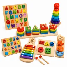 Kit de Brinquedo Educativo Montessori de Madeira - Formas Geométricas - 3 Jogos Aleatórios