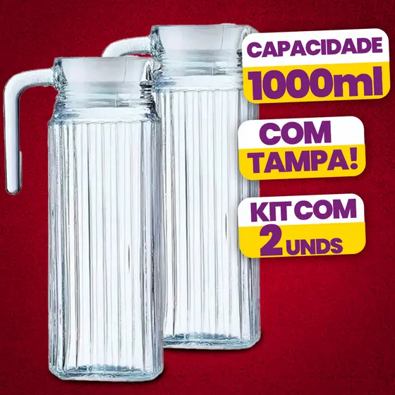 Kit  2 Jarras De Vidro Suíça 1 Litro Jarra Para Suco Água Vidro Resistente