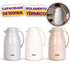 Garrafa Térmica Athenas 1L Clean Luxo Café Chá Água – Tampa com Excelente Vedação – Cinza, Bege e Branco