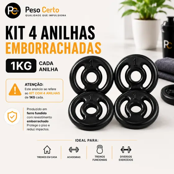 Kit Anilhas (4x) 1 Kg Emborrachadas - Peso Academia Exercício Treino Musculação Pesinho