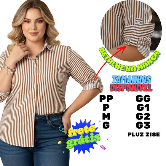 Camisa Social Marrom Caramelo Listrada Manga Longa Do PP ao G3 Plus Size