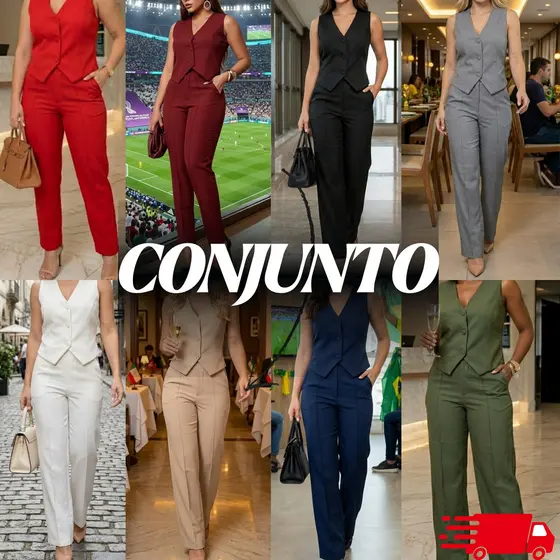 Conjunto Calça E Colete Alfaiataria Social cor Preto com bolsos botao e ziper Verão 2026