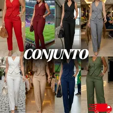 Conjunto Calça E Colete Alfaiataria Social cor Preto com bolsos botao e ziper Verão 2026