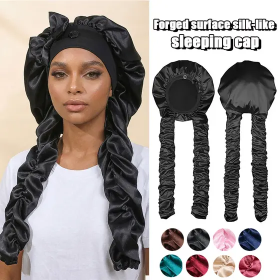 Touca de Cetim Extra Longa com Faixa Larga e Botão, Anti Frizz para Dormir, Tranças, Dreads e Cabelos Longos