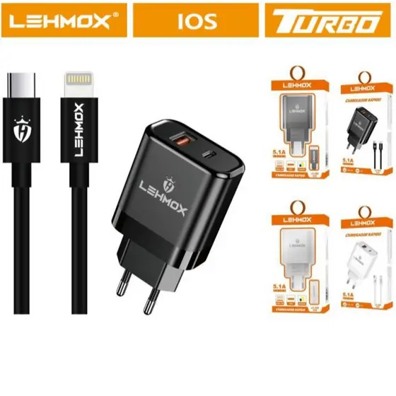 LEHMOX Carregador de Celular Turbo PD+USB com Cabo Lightning iOS LE-486E 5.1A 1M