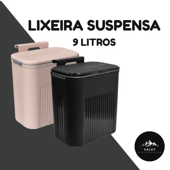 Lixeira Suspensa Com Suporte Adesivo Trama 9 Litros - Preto e Rosê - TOY 25956/25955