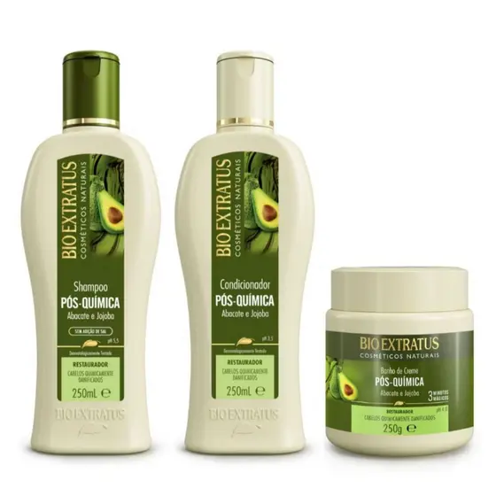 Kit Pós-Química Shampoo, Condicionador e Banho de Creme Bio Extratus - 250mL Restauração