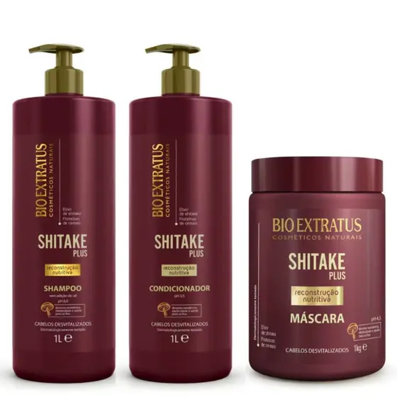 Kit Shampoo, Condicionador e Máscara Shitake Bio Extratus - 1L Reconstrução Nutritiva
