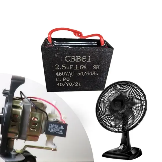 Capacitor CBB61 Ventilador Partida Vários Modelos 250V 450V 1.2UF 2UF 3UF 4UF 50/60Hz 40/70/21