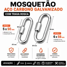 Mosquetão Aço Carbono Galvanizado com Trava Rosca 5x50mm 6x58mm – Escolha o Tamanho
