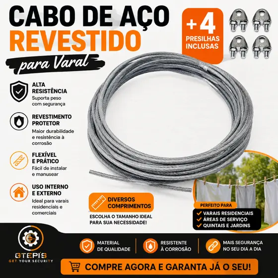 Cabo de Aço Revestido para Varal + 4 Presilhas – Alta Resistência e Durabilidade