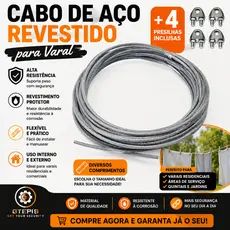 Cabo de Aço Revestido para Varal + 4 Presilhas – Alta Resistência e Durabilidade