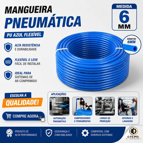 Mangueira Pneumática 6mm PU Azul Tubo Poliuretano Flexível 10 Bar 150 PSI Alta Resistência