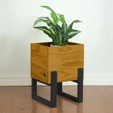 Vaso Cachepo de Madeira Quadrado, Estilo Industrial MADEIRA MACIÇA, Mel / Preto - Direto de Fábrica