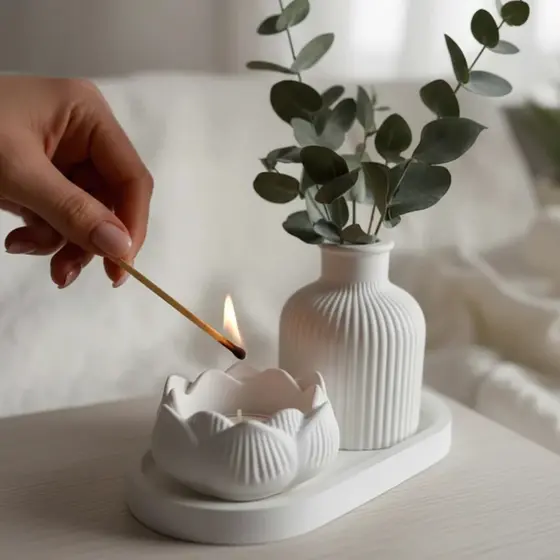 Kit Vaso + Castiçal Flor de Lótus + Bandeja Decorativo Oval Decoração Sala Mesa
