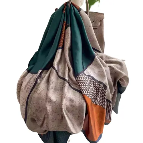 Lenço Echarpe De Seda Verde Laranja Cimento