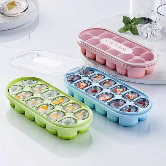 Forma de Gelo Silicone Fundo Macio Com Tampa Reutilizável Molde Com 8/12 Divisórias