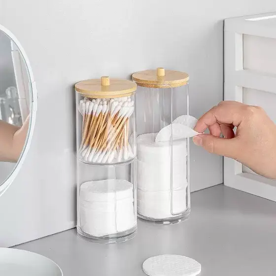 Porta Algodão E Cotonetes Em Acrílico Transparente Com Tampa Bambu Organizador Multiuso