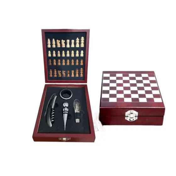 Kit Abridor De Vinho 4 Peças E Jogo Xadrez De Madeira