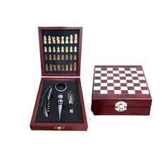 Kit Abridor De Vinho 4 Peças E Jogo Xadrez De Madeira