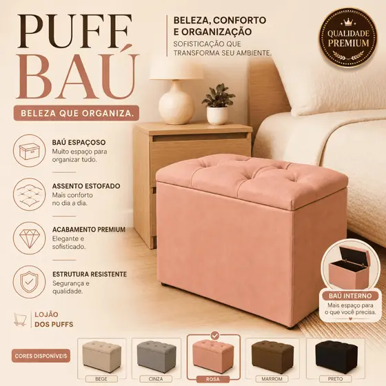 PUFF BAÚ SUEDE ORGANIZADOR ESTOFADO RESISTENTE MULTIUSO QUARTO PENTEADEIRA ROUPAS SAPATOS BRINQUEDOS