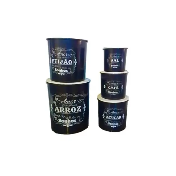 kit Mantimentos personalizado Redondo preto 5 peças tipo jogo de lata/ pote  / tapoer / jogo plástico/ porta mantimento Promoção Conjunto de Potes