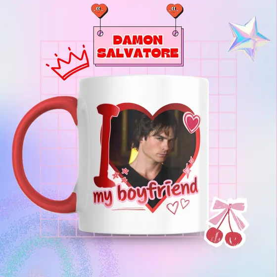 Caneca Xicara Porcelana 325ml Damon Salvatore Vampire Diaries Personalizada Presente Decoração Casa