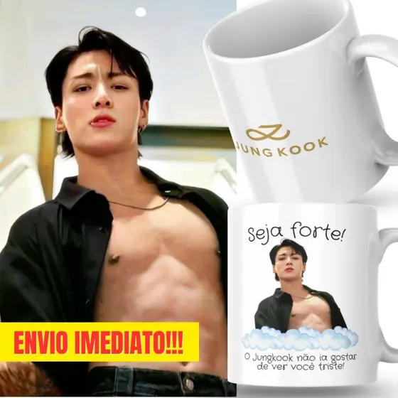Caneca Xicara Porcelana 325ml Seja Forte Jungkook BTS K-Pop Personalizada Presente Decoração Casa