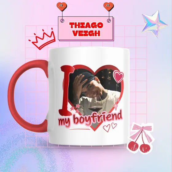 Caneca Xicara Porcelana 325ml Thiago Veigh I Love My Boyfriend Personalizada Presente Decoração Casa