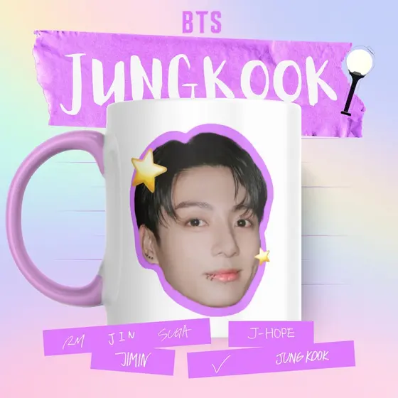 Caneca Xicara Porcelana 325ml BTS Army OT7 Jungkook Carinhas Personalizada Presente Decoração