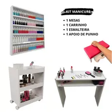 Kit Mesa Manicure + Carrinho auxiliar + Prateleira de Esmaltes + Apoio de punho