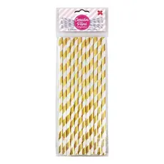 Canudo de Papel Metalizado Listra Dourado C/ Branco 6mmx200mm - 4301 - 12, 24, 36, 48, 60 unidades