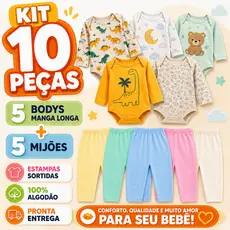 Kit 10 Peças Roupinha de Bebê Body Manga Longa Estampado e Mijão Infantil