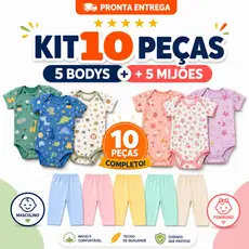 Kit 10 Peças Roupinha de Bebê Body Curto Estampado e Mijão Infantil