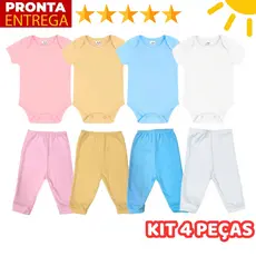 Kit 4 Peças Mijão Calça E Body Manga Curta Infantil Bebê Menino E Menina