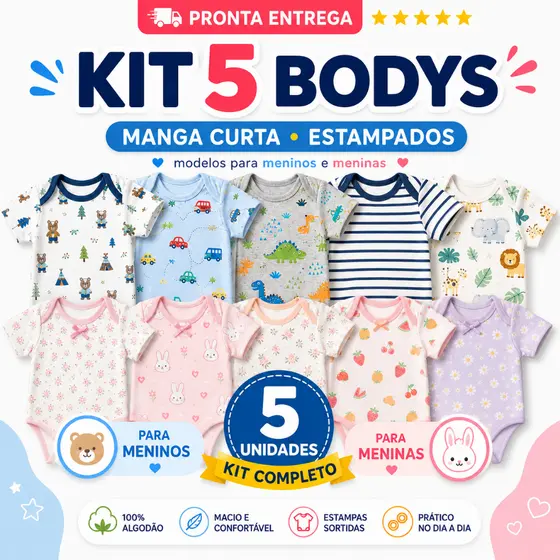 Kit 5 Peças Roupinha de Bebê Body Manga Curta Estampado
