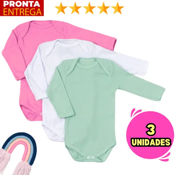 Kit 3 Body Bebê Manga Longa Infantil Cor Lisa