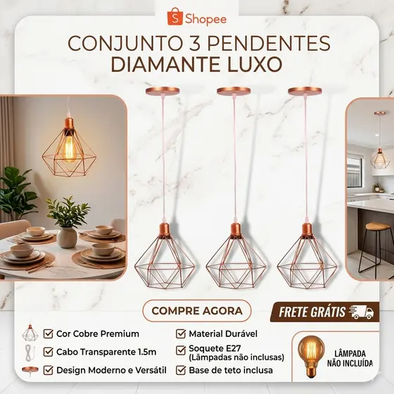 Kit 3 Pendente Aramado Diamante Retro ROSE GOLD FIO CRISTAL cabo regulavel