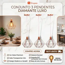 Kit 3 Pendente Aramado Diamante Retro ROSE GOLD FIO CRISTAL cabo regulavel