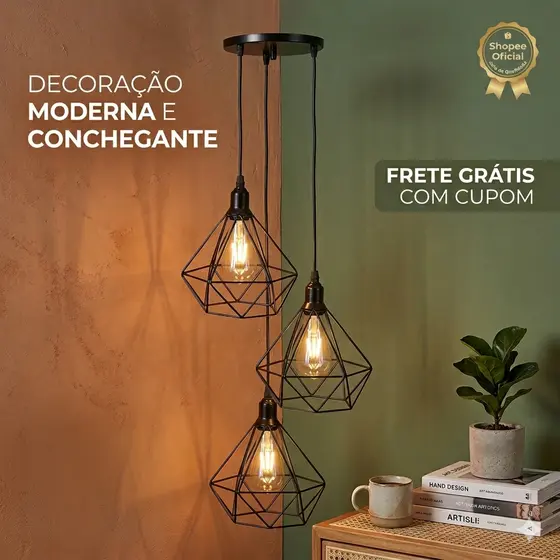 Kit 3 Pendentes Lustre Diamantes Preto Canopla Unica Retro Vintage
