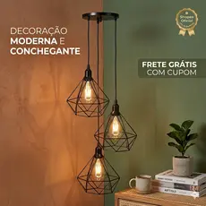 Kit 3 Pendentes Lustre Diamantes Preto Canopla Unica Retro Vintage
