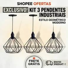 Kit 3 Pendentes Vintage Pretos Reguláveis Estilo Industrial