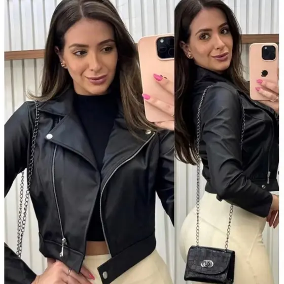 Jaqueta Feminina De Couro Sintético Com Zíper Jaqueta Motoqueiro